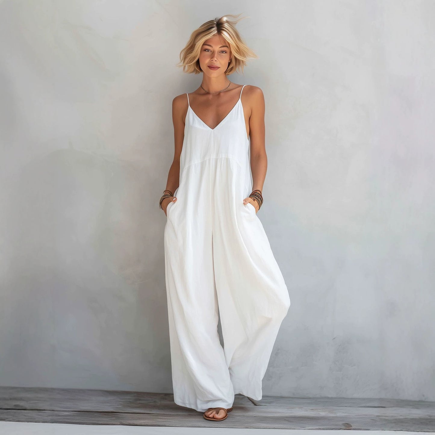 Womens Wide Leg Linen Jumpsuit