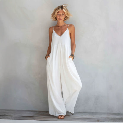 Womens Wide Leg Linen Jumpsuit