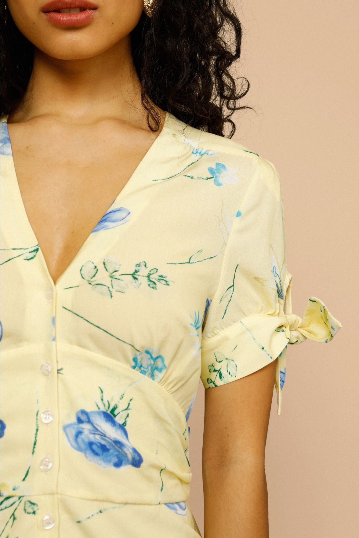 French Style V-Neck Bow Short Sleeve Waist-Cinching Midi Dress