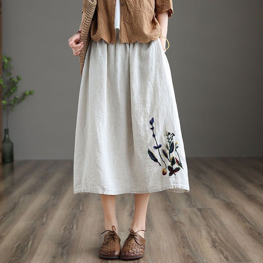 Floral Linen-Cotton Skirt