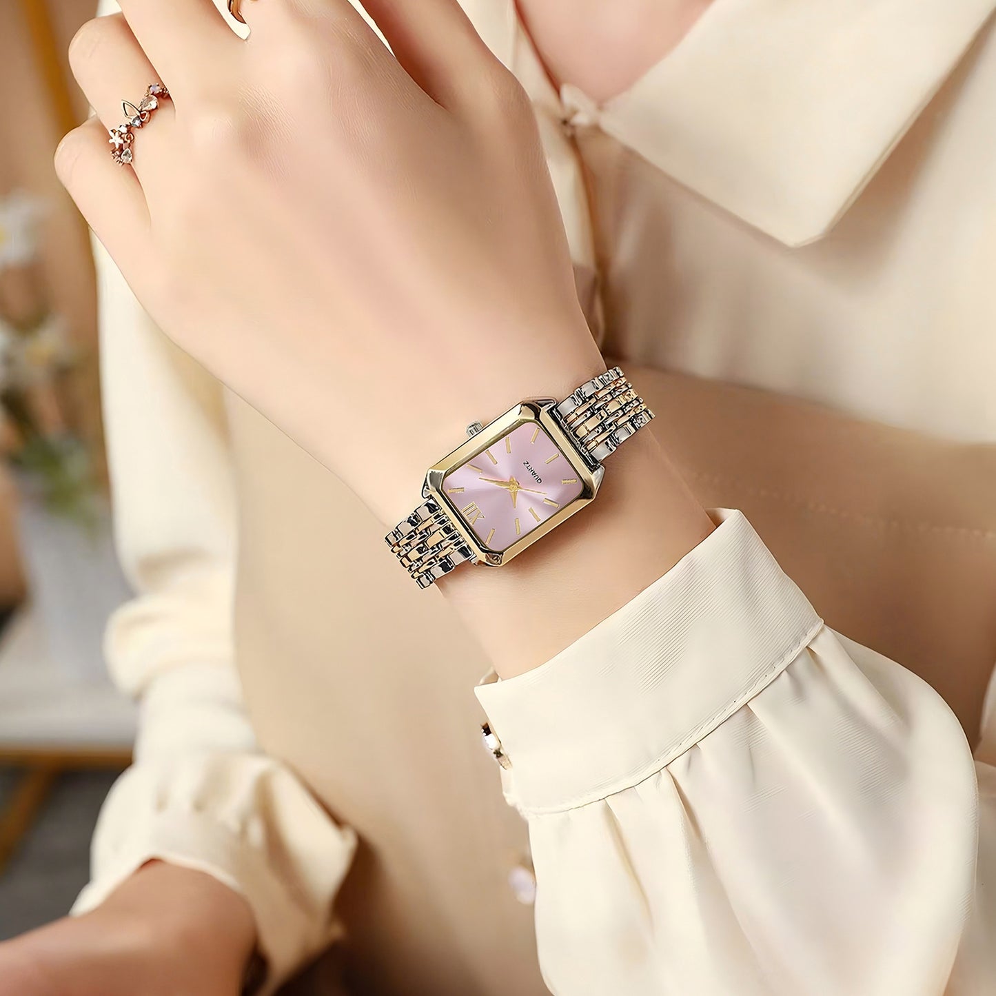 Rectangle Quartz Watch With Steel Band