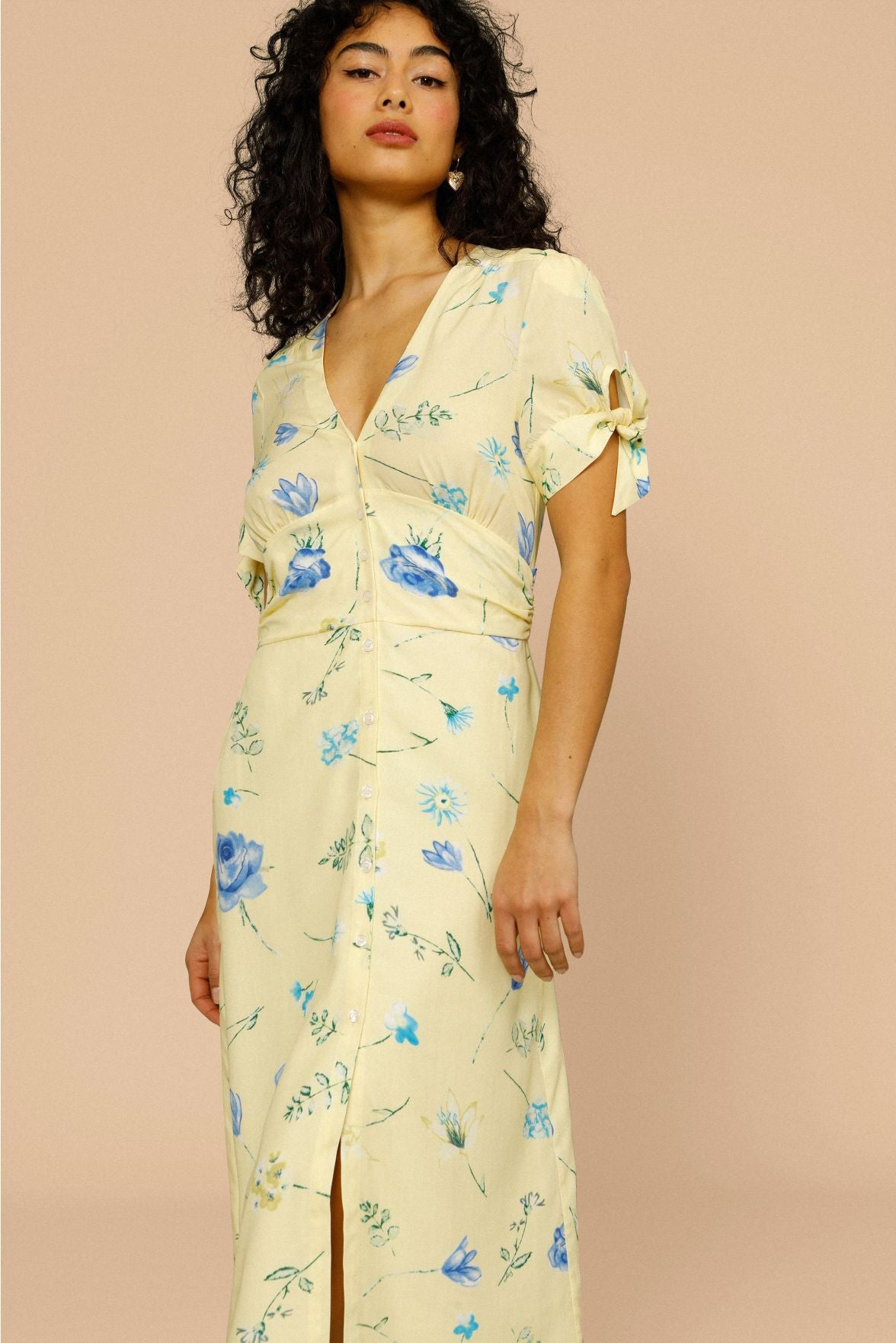 French Style V-Neck Bow Short Sleeve Waist-Cinching Midi Dress