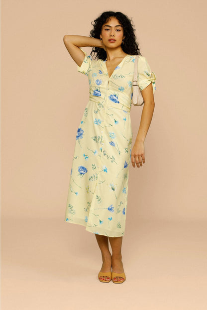 French Style V-Neck Bow Short Sleeve Waist-Cinching Midi Dress